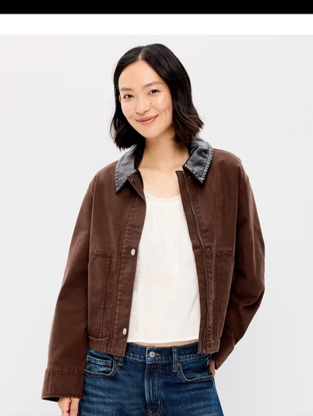 Old Navy Brown Denim Jacket with Black Faux Leather Collar- New Never Worn